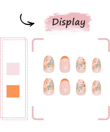 24Pcs Orange Flower French Tip Press On Nails - Short Almond Design for Women & Girls | Elegant Full Cover Acrylic False Nails for Autumn Manicure - Buy Online on GoSupps.com