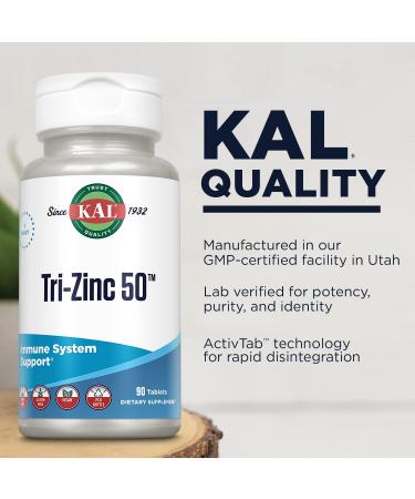 KAL Tri Zinc 50mg Supplement - Metabolism & Immune Support - Vegan & Gluten-Free - 90 Tablets - Buy Online on GoSupps.com