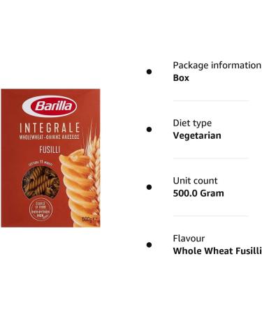 Barilla Wholegrain Fusilli Pasta Integrale 500g - Whole Wheat Durum Semolina Pasta - Buy Online on GoSupps.com