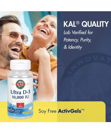 KAL Ultra D-3 250 mcg (10000 IU) - 90 Softgels | High Potency Vitamin D Supplement - Buy Online on GoSupps.com