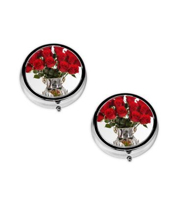 (Red Roses Printed) Round Pill Box 3 Compartment Pill Box Mini Decorative Pocket Purse Portable Travel Medicine Tablet Vitamin Holder Organizer Pill Case