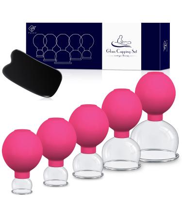 Cupping glasses made of real glass 5 pieces effective cupping glass made of high -quality real glass with TPU suction ball - cupping set & fascia scraping cupping set for targeted relaxation and well -being pink