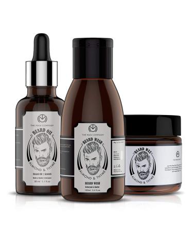 The Man Company Beard Growth Kit | Almond & Thyme | 100% Natural Beard Oil Wash & Wax for Nutrition & Growth | Paraben & SLS Free - Buy Online on GoSupps.com
