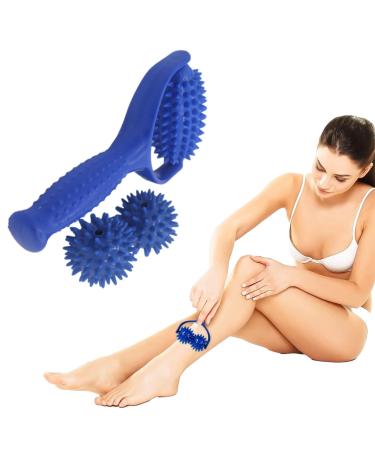Massage roller with knobs with 2 hedgehog balls massage scooter massage roller massage back legs feet hands muscle pain with handle body muscle relaxing massage device.