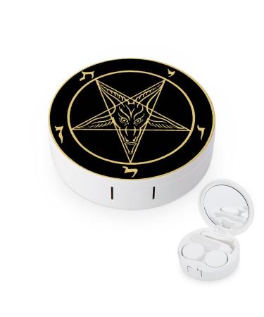 Inverted Pentacle Pewter Satanic Goat Round Contact Lens Case Print Portable Contact Lens Box Kit with Mirror Cute