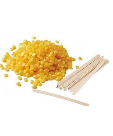 Warm wax beads + mini wooden spatula Made in Italy for hair removal depilation without fleece strips (1 kg yellow-honey)