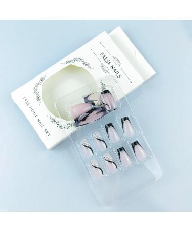 Shop Exquisite French Tip Medium Coffin Press On Nails - Black & Nude Glossy Acrylic Nails for Women | 24 Pcs Full Cover Glitter Nails - Buy Online on GoSupps.com