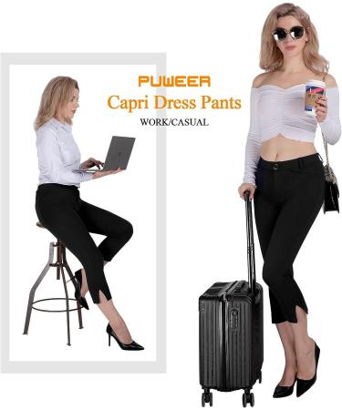 Puweer Women's Black Capri Pants - Business Casual Stretchy Slim Straight Fit with Pockets - Buy Online on GoSupps.com