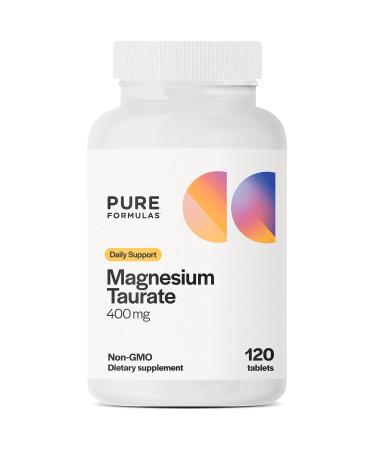 Pure Formulas Magnesium Taurate 400mg - 120 Tablets - Non-GMO Magnesium Supplement for Cardiovascular Health, Muscle Function, and Relaxation - Essential Mineral with Calming Taurine - 1-Month Supply 120 Count (Pack of 1)