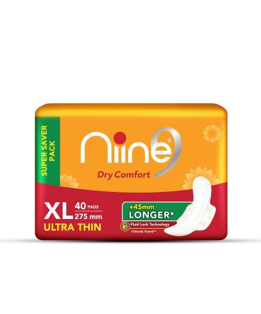 NIINE Dry Comfort Ultra Thin XL Sanitary Pads for women with Fluid Lock Gel Technology (Pack of 1) 40 Pads Count (Super Saver Pack) 40 Count (Pack of 1) 40 Count