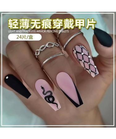24Pcs/Set Press On Nails Long Black Plaid Pattern False Nails Acrylic Fake Nails Full Cover Nails Tips Artificial Finger Manicure Press on nails for Women and Girls - Buy Online on GoSupps.com