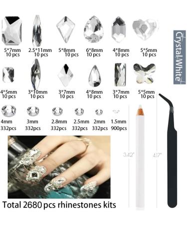 White Rhinestones Nail Gems Set with Picker and Tweezers - Glass Crystals, Shiny Multi Shape Flatback Face Gems - Nail Art Tools - Buy Online on GoSupps.com