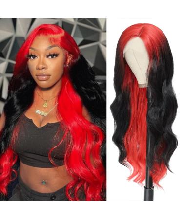 Ombre Red Root Highlight Side Part Wig 30 Skunk Stripe Long Wavy Synthetic Hair Wigs for Black Women Body Wave Synthetic Lace Front Wig(RS200D/1B)
