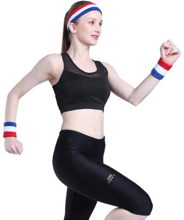 ONUPGO Sweatband Set - Moisture Wicking Headband and Wristband Set for Sports - Red/White/Blue - Buy Online on GoSupps.com