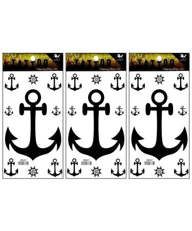 ONCEX 3 Sheets Black Anchor Temporary Tattoos For Men Women Realistic Patterned Anchor Pirate Sailor Cartoon 3D Tattoo Fake Body Design Arms Legs Fantasy Fashion for Man Women