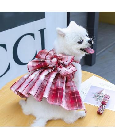 Oyccen Dog Grid Dress Harness & Leash Set - Stylish Bow Tie Princess Pet Clothes for Small Dogs & Cats - Red - Buy Online on GoSupps.com