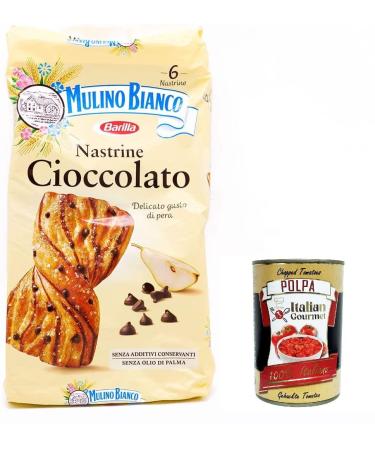 Italian Gourmet E.R. Mulino Bianco Nastrine con gocce di cioccolato chocolate ribbons with delicate pear flavor 6 snacks + Italian gourmet pulp 400 g