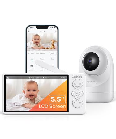 5.5 inch baby monitor with camera codnida 3MP HD video babyfon camera baby camera with motion detector and app 2-way audio Vox mode PTZ night vision temperature and air humidity alarm IR night vision white baby monitor with 1 camera