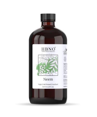 HBNO Neem Oil - 16 oz (475ml) Value Size - Ideal for Face wash Lotions Skincare and Hair Care Products (Glass Bottle)
