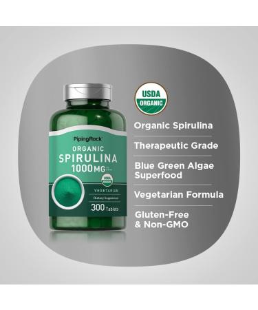 Piping Rock Organic Spirulina Capsules 1000mg | 300 Tablets | Blue Green Algae Pills | Vegetarian Non-GMO Gluten Free Supplement - Buy Online on GoSupps.com