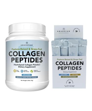 AMANDEAN Collagen Peptides Bundle. 1kg & Stick Packs. Grass-Fed Enzymatically Hydrolyzed Type 1 & 3. Protein with 18 Amino Acids for Healthy Skin Hair Nails. Easy to Mix Unflavored Non-GMO