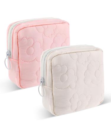 TIESOME Embroidery Sanitary Napkin Storage Bag 2Pcs Portable Period Holder Bag Menstrual Cup Pouch Period Pad Pouch Menstrual Cup Pouch Tampon Holder Menstruation First Period Bag (Pink+White)