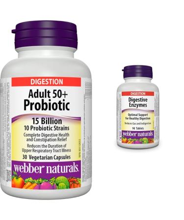 Webber Naturals Probiotic Adult 50+ 15 Billion Active Cells 10 Probiotic Strains 30 Capsules For Digestive Health and Constipation Relief Vegan & Digestive Enzymes 90 Tablets SUPPLEMENT + SUPPLEMENT 625273032017