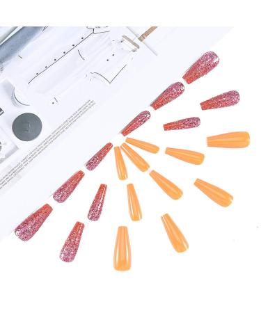 Brishow Long Coffin Fake Nails - Orange Acrylic Ballerina Stick-On Nails | 24PCs for Women & Girls - International Shipping - Buy Online on GoSupps.com