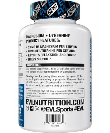 Evlution Nutrition Magnesium + L-Theanine - Natural Relaxation & Focus Support - 200mg Magnesium + 100mg L-Theanine - Vegan & Non-GMO - Dietary Supplement - 45 Servings - 90 Veggie Capsules - Buy Online on GoSupps.com