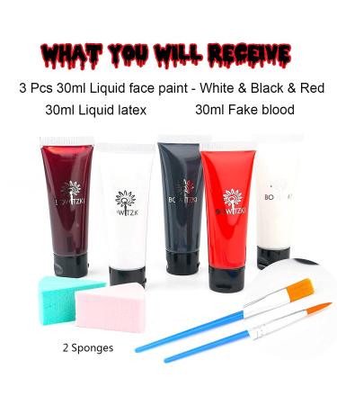 Bowitzki SFX Makeup Kit - Halloween Face & Body Paint, Liquid Latex, Fake Blood, Brushes - for Zombie, Vampire, Monster, Special Effects - Christmas Party - Red, Black, White - Buy Online on GoSupps.com