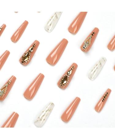 Justotry 24 Pieces Coffee Rhinestone French Ballerina Press On Nails - Marble Short Fake Nails for Women - Buy Online on GoSupps.com