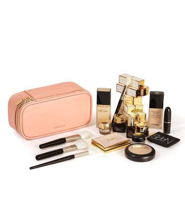 ROWNYEON Small Dual Layer Travel Makeup Bag - Pink | Portable Waterproof Toiletry Pouch and Brush Holder | Professional Organizer and Cute Case - Buy Online on GoSupps.com