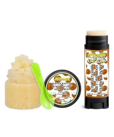 Coconut Cream Pie Soothing & Luscious Lips by OverSoyed Exfoliator & Chapped Lip Repair Lip Care Combo | Artisan Handcrafted to Order Tropical Sweet Coconut Banana Peach Vanilla Flavored Exfoliating Sugar Lip Scrub & Lip Mo