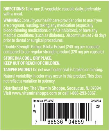 The Vitamin Shoppe Ginkgo Biloba 240 MG - Memory Support Mental Clarity & Circulation Standardized Extract (120 Vegetable Capsules) - Buy Online on GoSupps.com