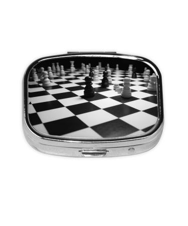 Black White Chess Checkerboard Printing 2 Compartment Small Pill Case Cute Small Pill Box Purse Pill Boxs Travel Pill Organizer for Pocket Purse and Travel Gifts