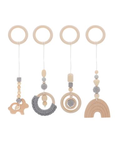 Gadpiparty Woodsy Decor 4Pcs Hanging Baby Gym Wood Toys Wooden Baby Play Gym Toys Wood Activity Pendant Game Gym Rattle Toy Dangling Teething Soother Sensory Toys Nursery Decor  Grey Baby Sensory Toys Beige