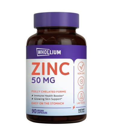 Whollium Zinc 50 mg Zinc picolinate & Gluconate Fully Chelated Skin Health Antioxidant Activity Immune Function Most Bioavailable Forms Better Absorption Vegan 90 Caps