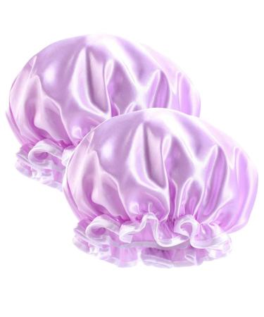 Arycrack Shower Cap Bonnet Cap Two Layers Inside Layer PE Waterproof 2pcs/Pack (Lavender)