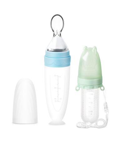 Termichy baby spoon fruit sucker bottle squeeze feeder silicone feeding spoon baby food feeder cutlery for children 90 + 30 ml (blue & green) 30 + 90ml green & blue 2 pieces (1 Pack)