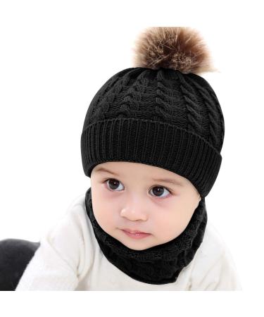 Yinuoday 2PCS Toddler Baby Knit Hat Scarf Winter Warm Beanie Cap with Circle Loop Scarf Neckwarmer Black