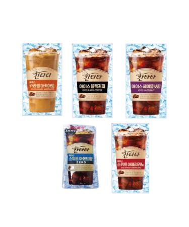 Korean Convenience Store Coffee Drink Pouch Sampler Set (Sweet Americano Hazelnut Caramel Macchiato Almond Black Coffee) - 1 Each 5 Pack