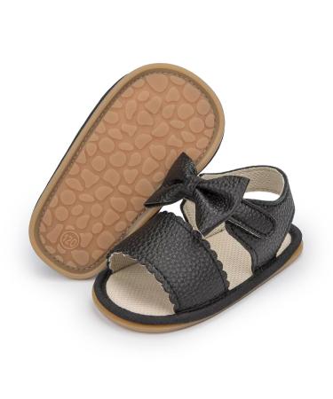 Sonsage Infant Baby Girls Boys Summer Sandals Newborn Bowknot Crib Sandal Outdoor Beach Toddler Pu Leather Soft Rubber Sole Dress Flats First Walker Shoes 6-12 Months A01 Black