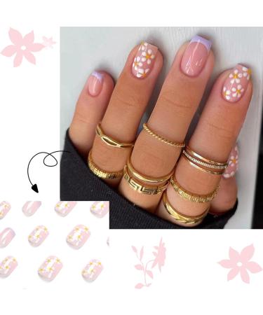 24 Pcs Square Lilac French Stick on False Nails with Flower Designs - Short Acrylic Peach Fake Nails for Women and Girls - Buy Online on GoSupps.com