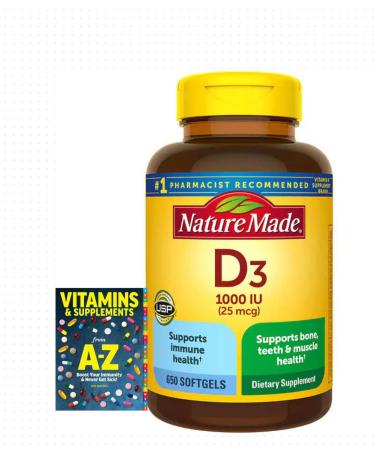 Nature Made Vitamin D3 1000 IU (25 mcg) Dietary Supplement for Bone Teeth Muscle and Immune Health Support 650 Softgels 650 Day Supply+Better Guide Vitamins Supplements