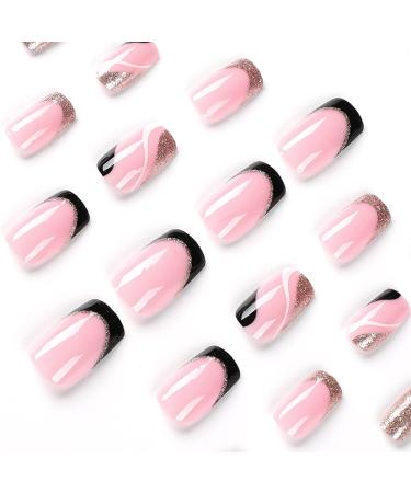 24pcs Short Square French Tip False Nails Pink & Glitter Gold Stick on Nails - Nail Art Accessories for Women and Girls - Buy Online on GoSupps.com