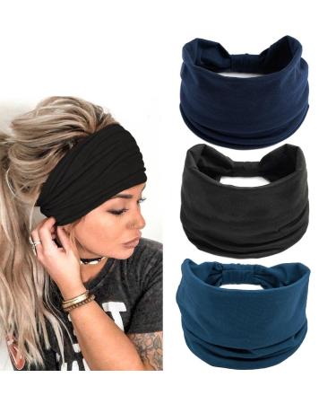 Generse wide frontal ligaments black boho hair band yoga welding tape turban elastic headbands for women and girls 3 pieces (a) black dark blue