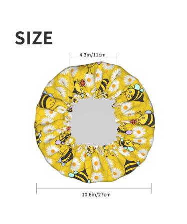 Cute Bee and Flowers Pattern Shower Cap for Women - Reusable Long Hair Cap with Elastic Band - Double Layer Bathing Hat for Adults and Kids - Buy Online on GoSupps.com