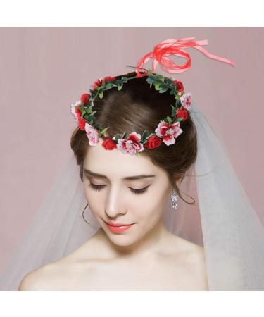 Minkissy Red Bridal Hair Wreath - Women & Girls Flower Headband with Green Leaves | Wedding Party Crown - Buy Online on GoSupps.com