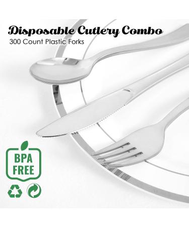 FOCUSLINE 300 Pack Disposable Silver Plastic Forks - Heavy Duty Cutlery for Catering, Parties, Dinners, Weddings - Buy Online on GoSupps.com