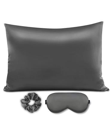 Sajakliy Luxury Satin Silk Pillowcase Set for Hair and Skin Sleep Set: Standard Size Pillowcase Satin Eye Mask and Scrunchie Standard(20 x26 ) Dark Grey